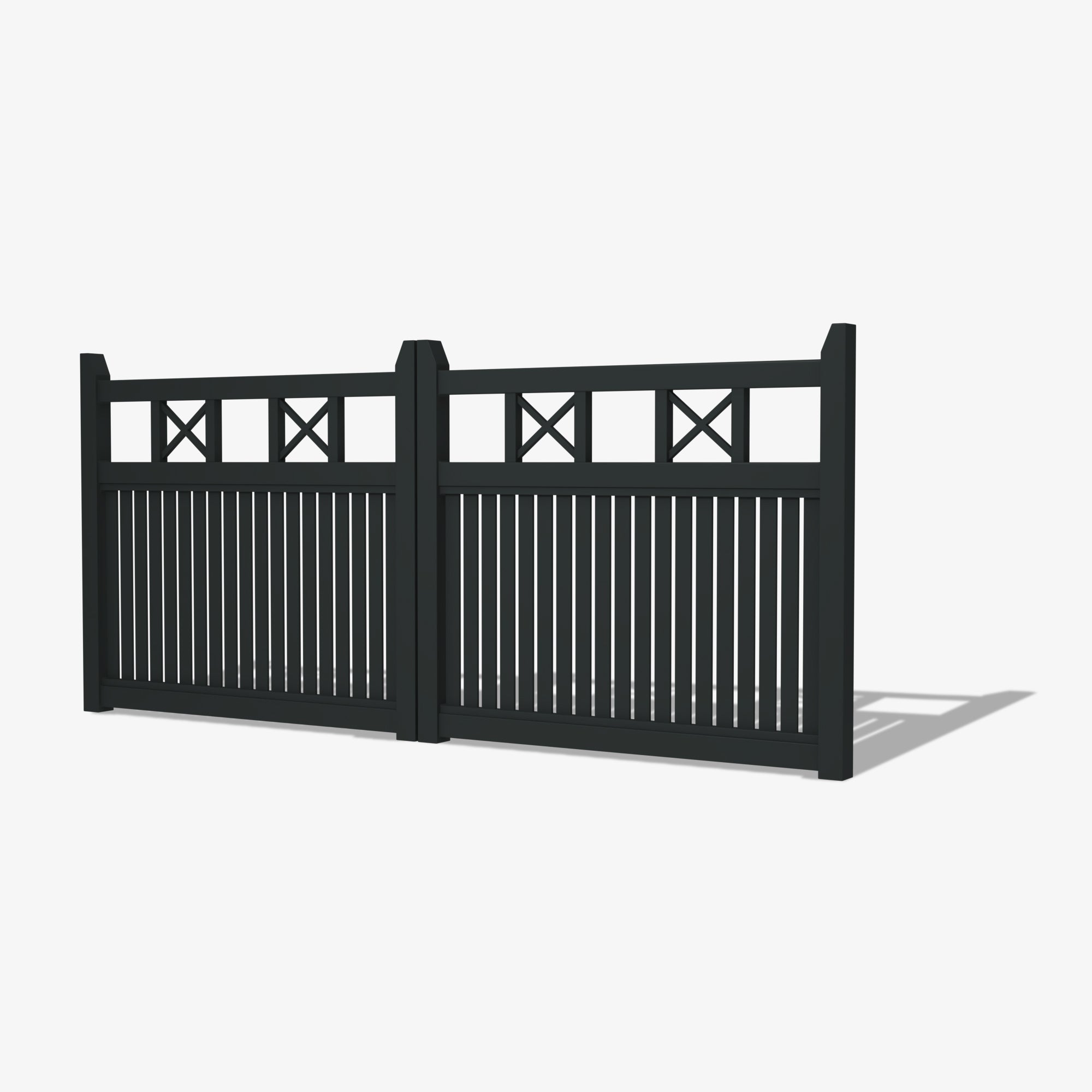 Mason & Dean Newport double driveway gate crafted from durable Australian steel with vertical slats for enhanced privacy with a powder-coated finish for long-lasting performance.