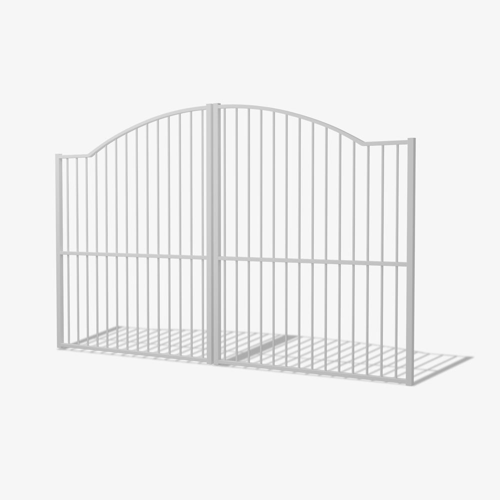 Mason & Dean Oakley double driveway gate featuring a sweeping arched top and vertical steel bars, a grand and secure design suited to estates, farms, and large properties.