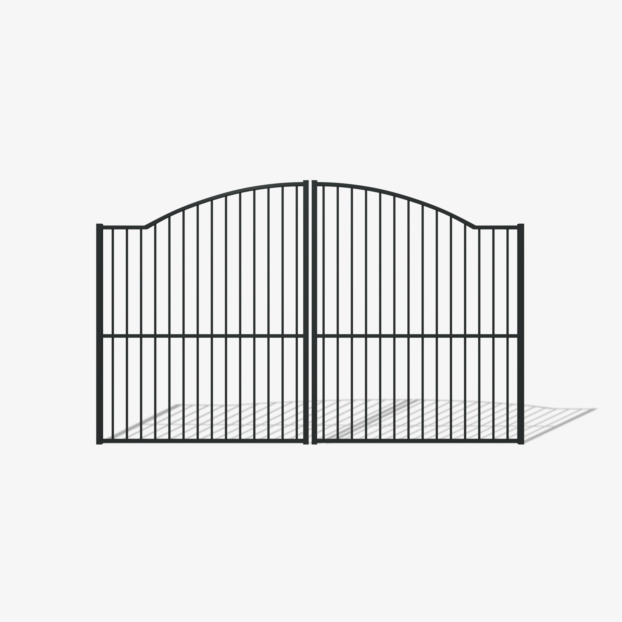 Mason & Dean Oakley double driveway gate featuring a graceful arched top and vertical bar detailing, a grand architectural statement for luxury homes and rural estates.