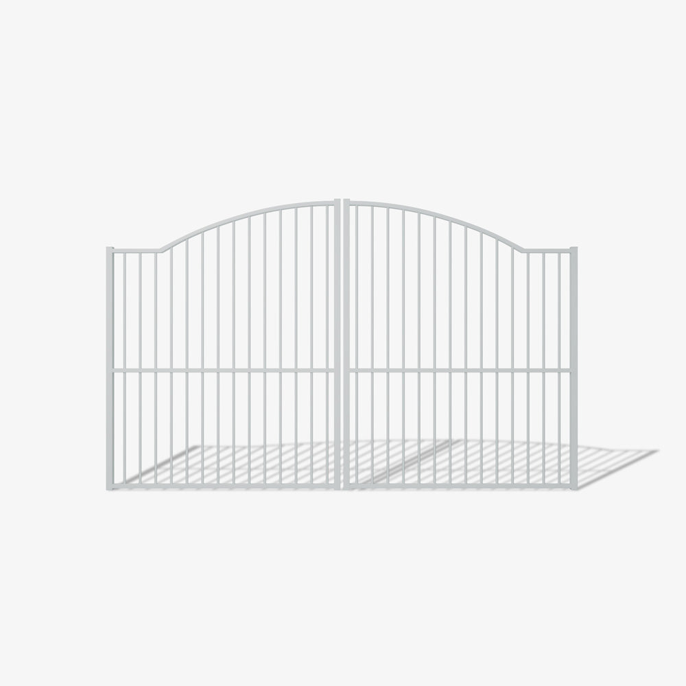 Mason & Dean Oakley double driveway gate designed for estates and farm entrances, combining an elegant arched top with strong vertical steel bars for a stately and secure property boundary.