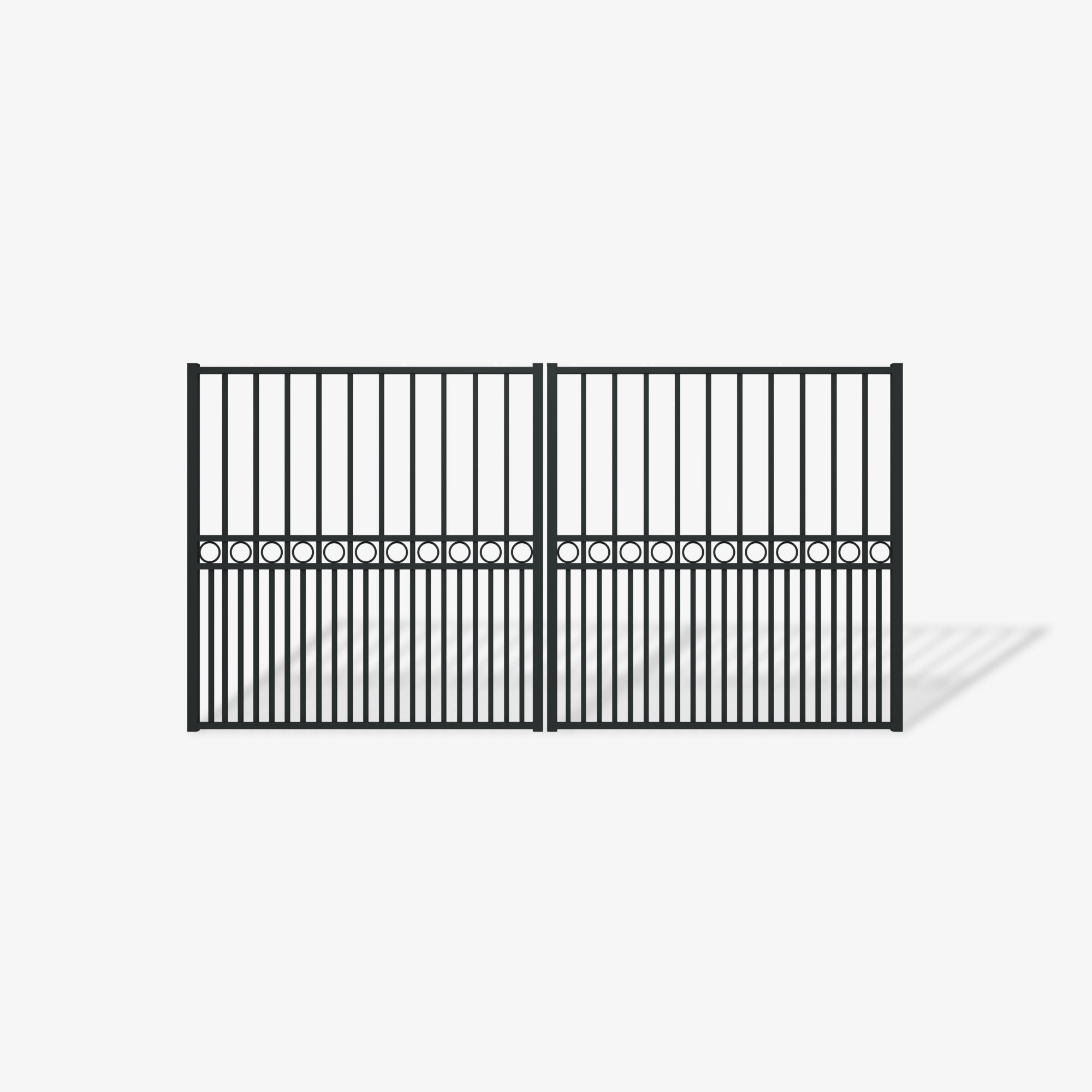 Mason & Dean Sterling double driveway gate, featuring tall vertical bars and circular detailing, an elegant statement piece for traditional states and luxury residential properties.