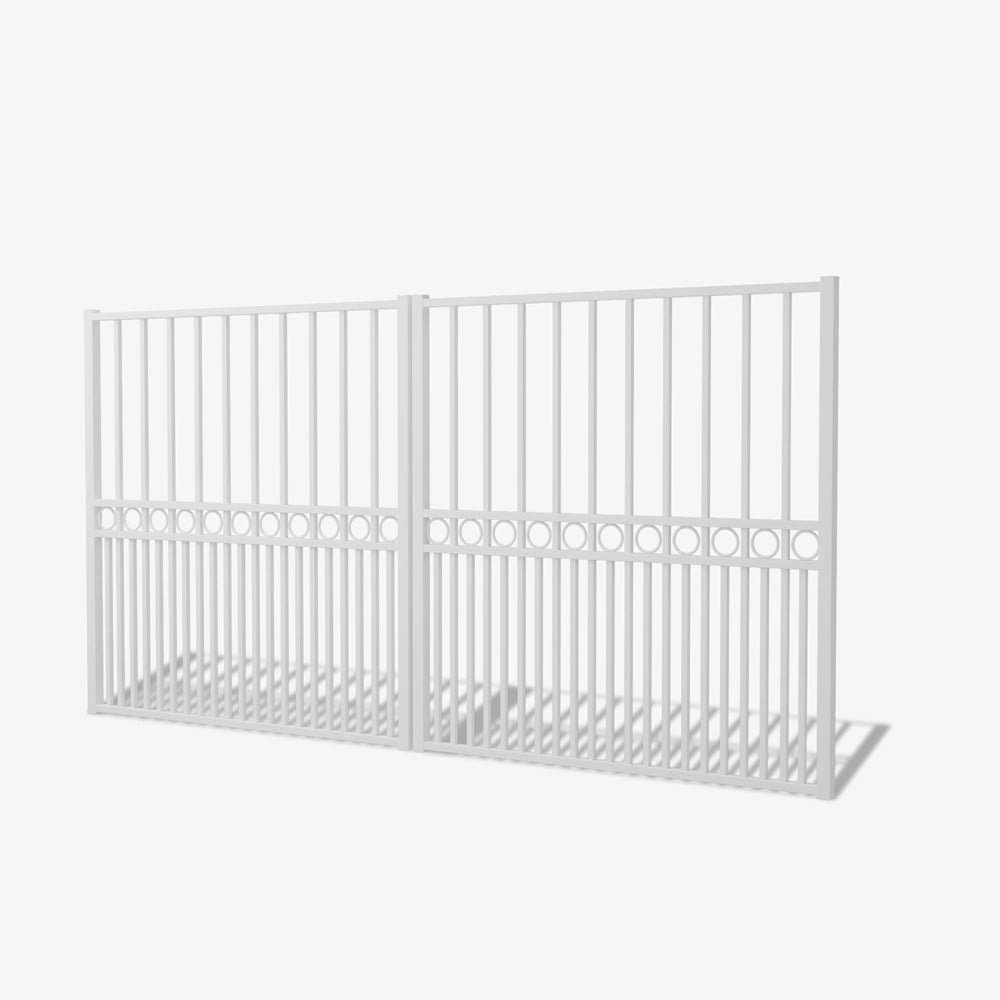 Mason & Dean Sterling double driveway gate featuring vertical steel bars and bold circular midsection detailing, a traditional and elegant design for timeless entrances.