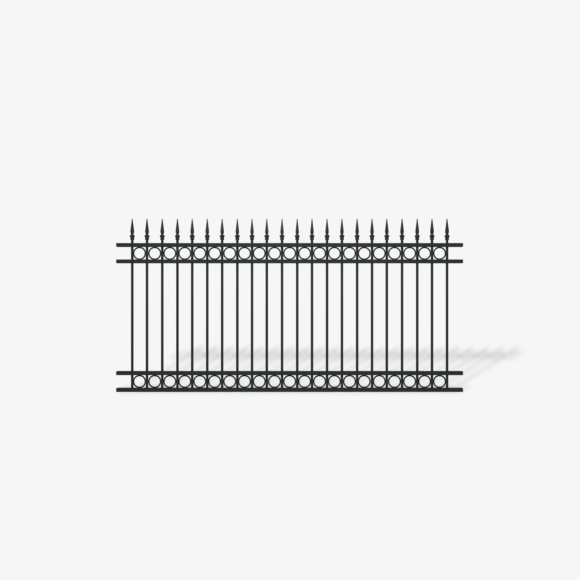 Ashgrove steel fence panel by Mason & Dean, heritage-style vertical bar steel fencing with spear top finials and decorative circular ring, traditional ornamental metal boundary panel.