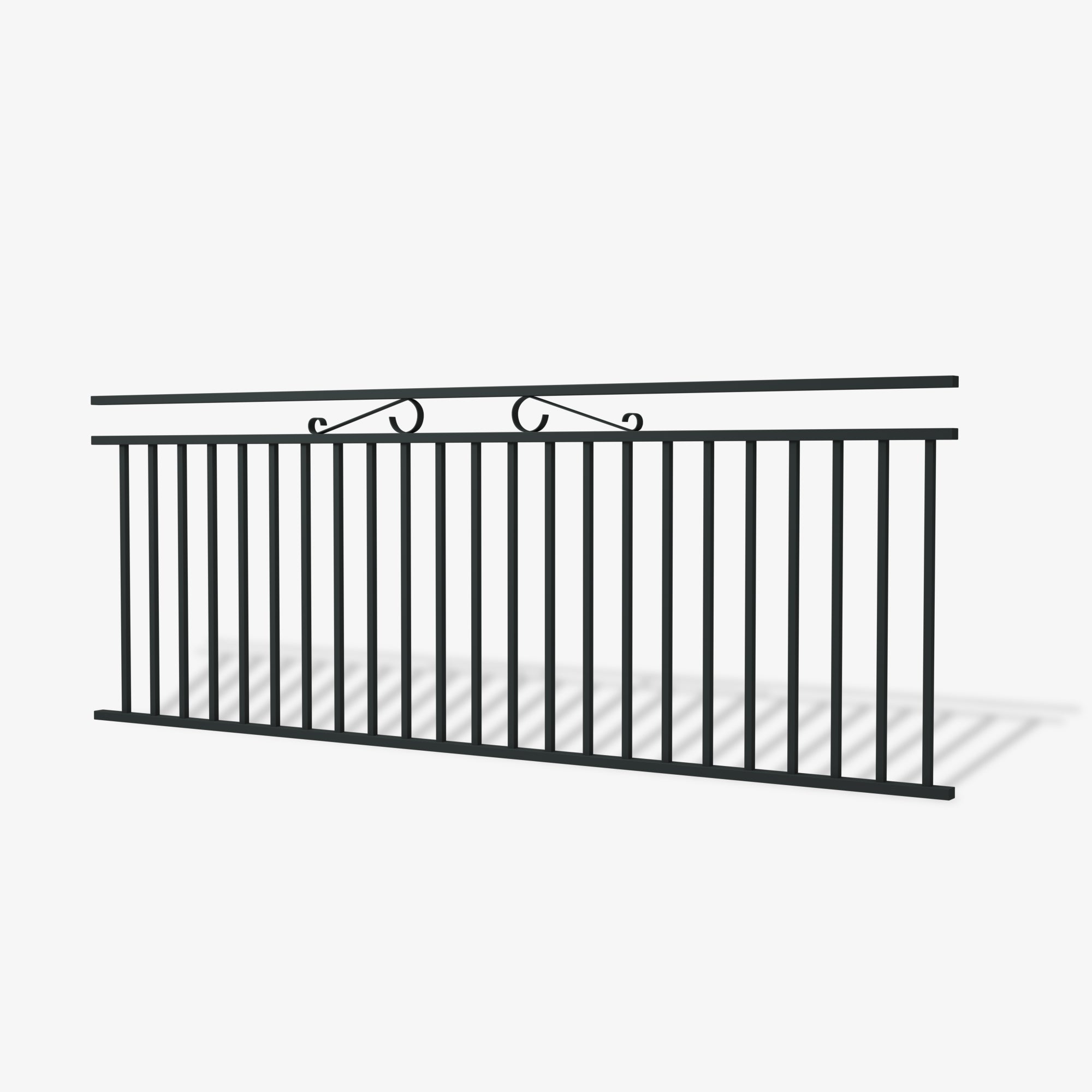 Belmont steel fence panel by Mason and Dean, vertical bar steel fencing with decorative scroll detail, ornamental metal boundary panel for residential applications.
