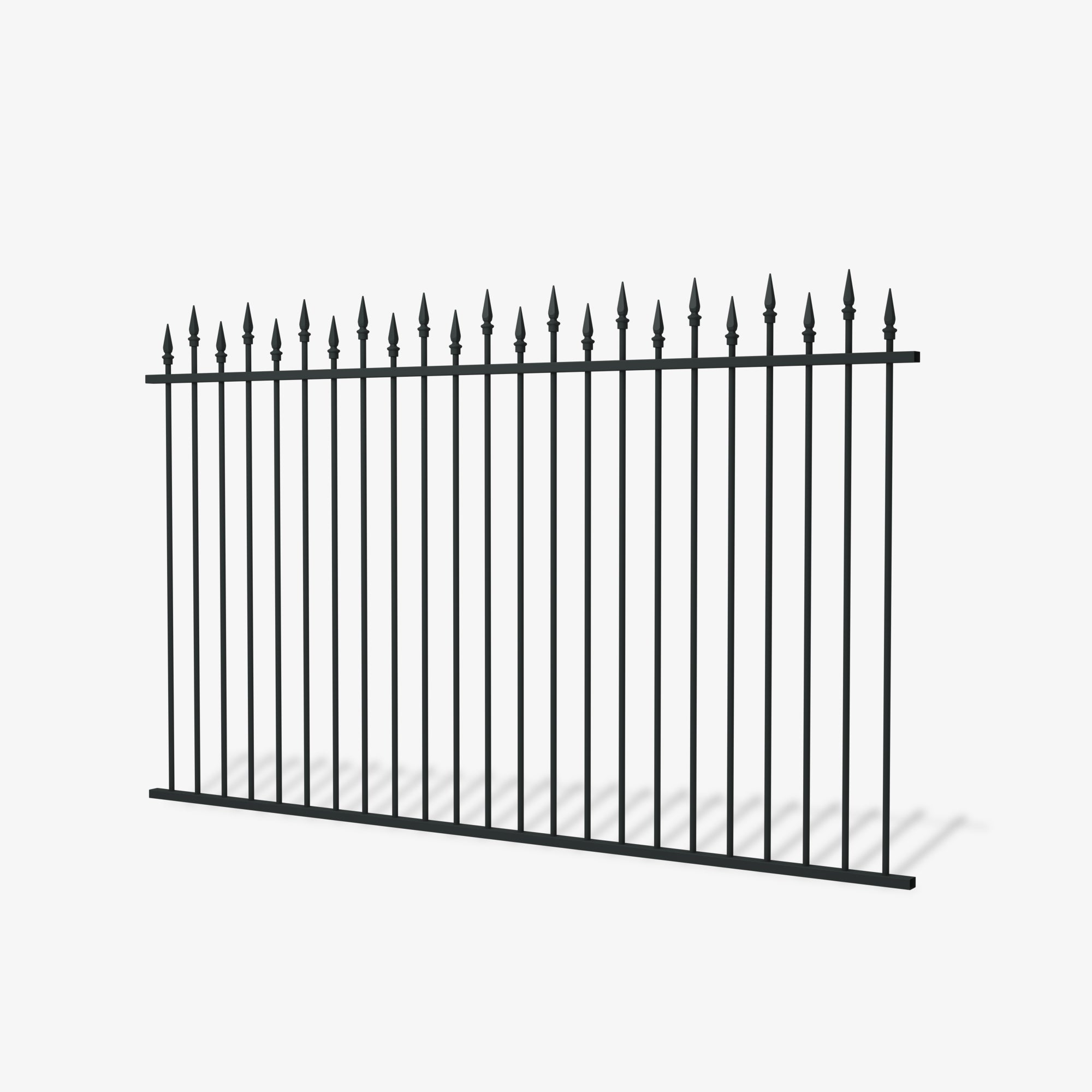 Berkley steel fence panel by Mason and Dean, heritage-style vertical bar steel fencing with spear top finials, traditional metal boundary panel for classic residential settings.