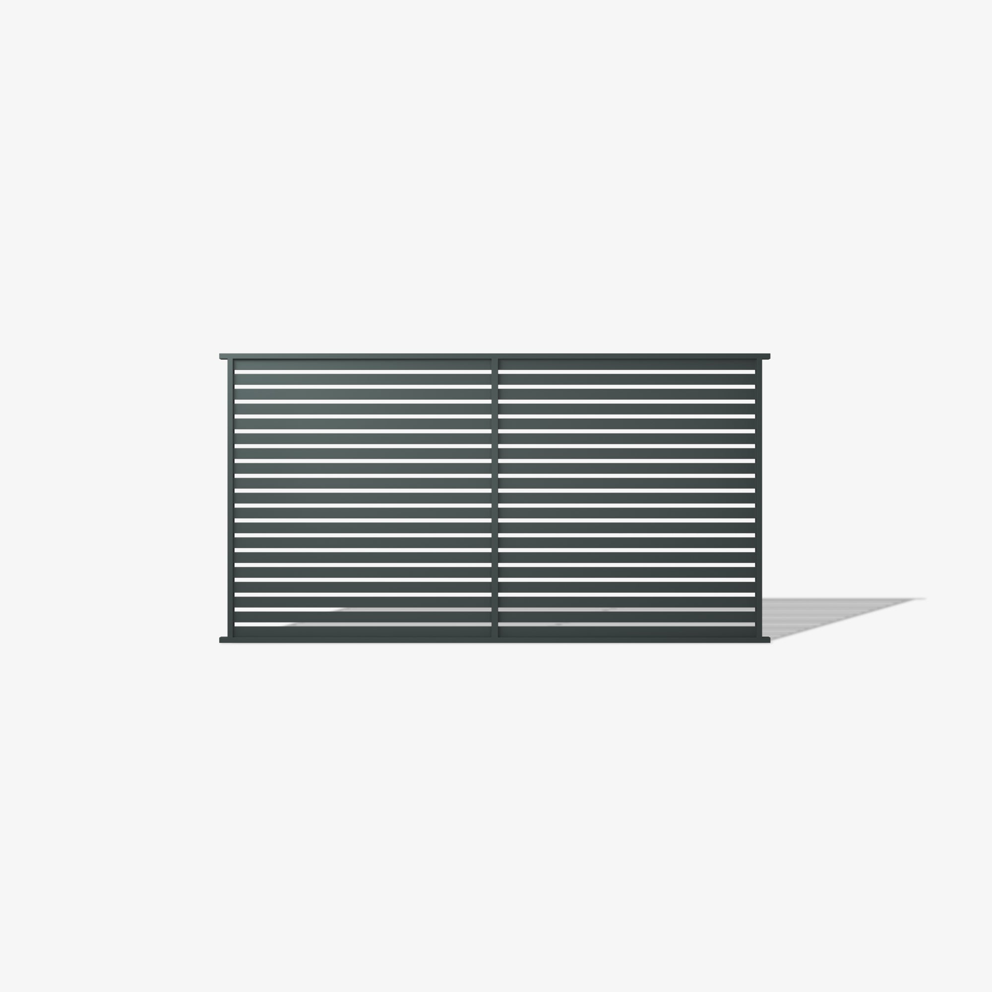 Hastings steel fence panel by Mason and Dean, horizontal slat fencing with evenly spaced bars, contemporary metal privacy panel for residential and commercial boundaries.