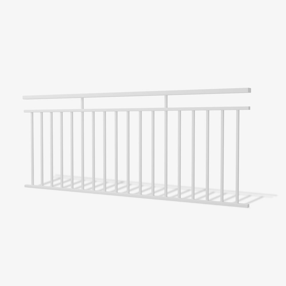 Monroe steel fence panel by Mason and Dean, vertical bar steel fencing with extended flat top rail, minimalist metal boundary panel for residential and commercial applications.