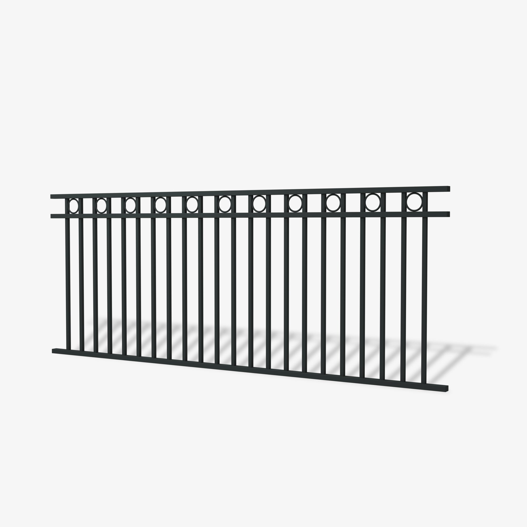 Nelson steel fence panel by Mason & dean, classic vertical bar steel fencing with circular ring detail, contemporary decorative boundary panel for residential and commercial properties.