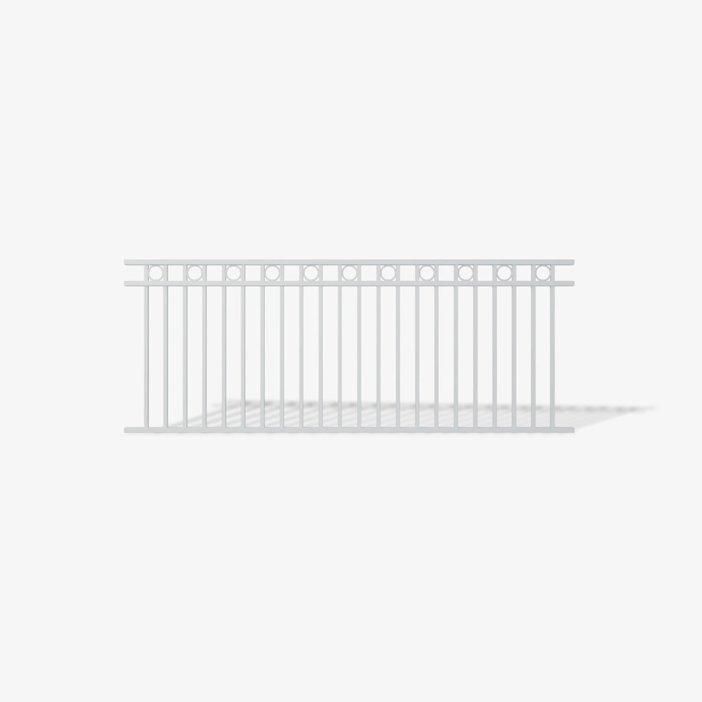 Nelson steel fence panel by Mason & dean, classic vertical bar steel fencing with circular ring detail, contemporary decorative boundary panel for residential and commercial properties.