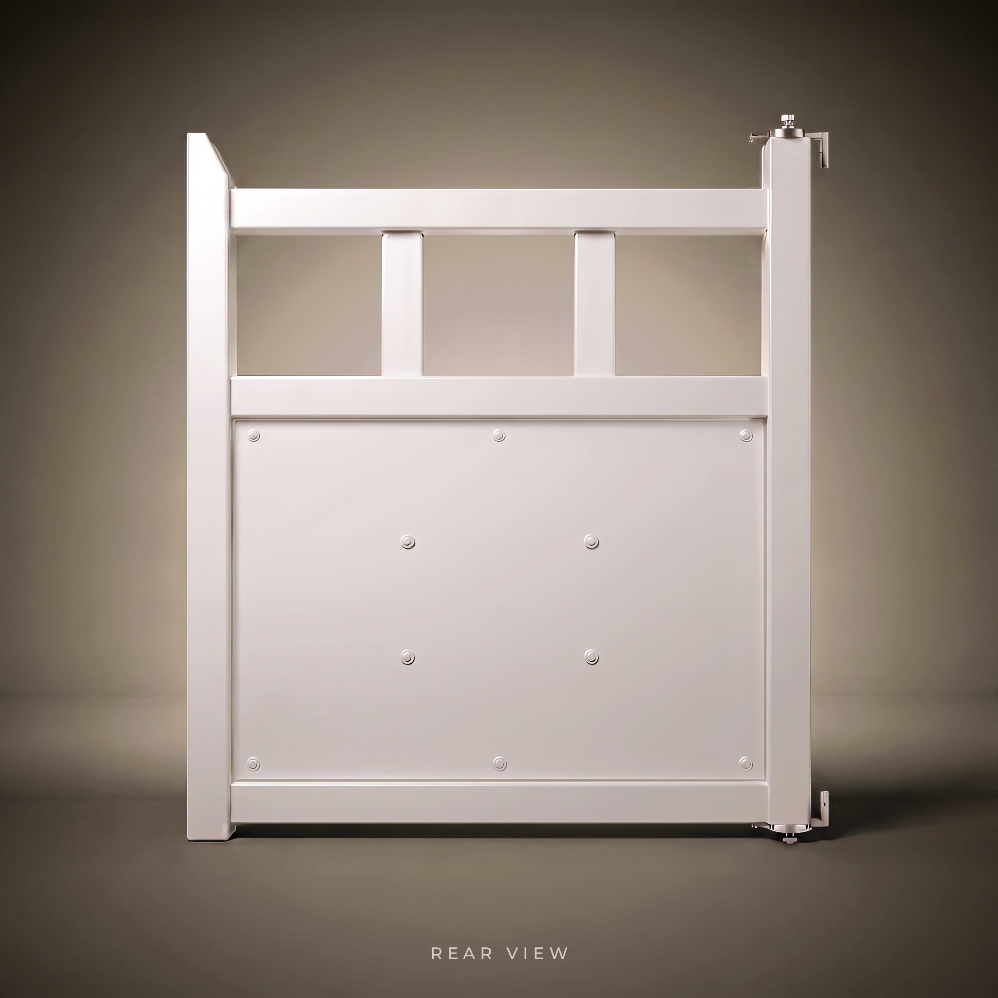 Rear view of the Winslow single gate in Pearl White powder coated steel, showing the recessed 2mm backing sheet, flush pop rivet fixings and fully coated internal face.