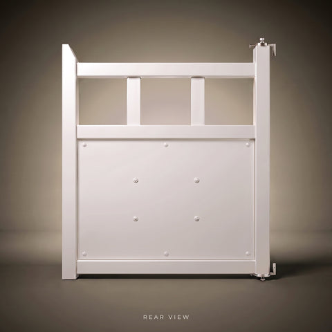 Rear view of the Winslow single gate in Pearl White powder coated steel, showing the recessed 2mm backing sheet, flush pop rivet fixings and fully coated internal face.