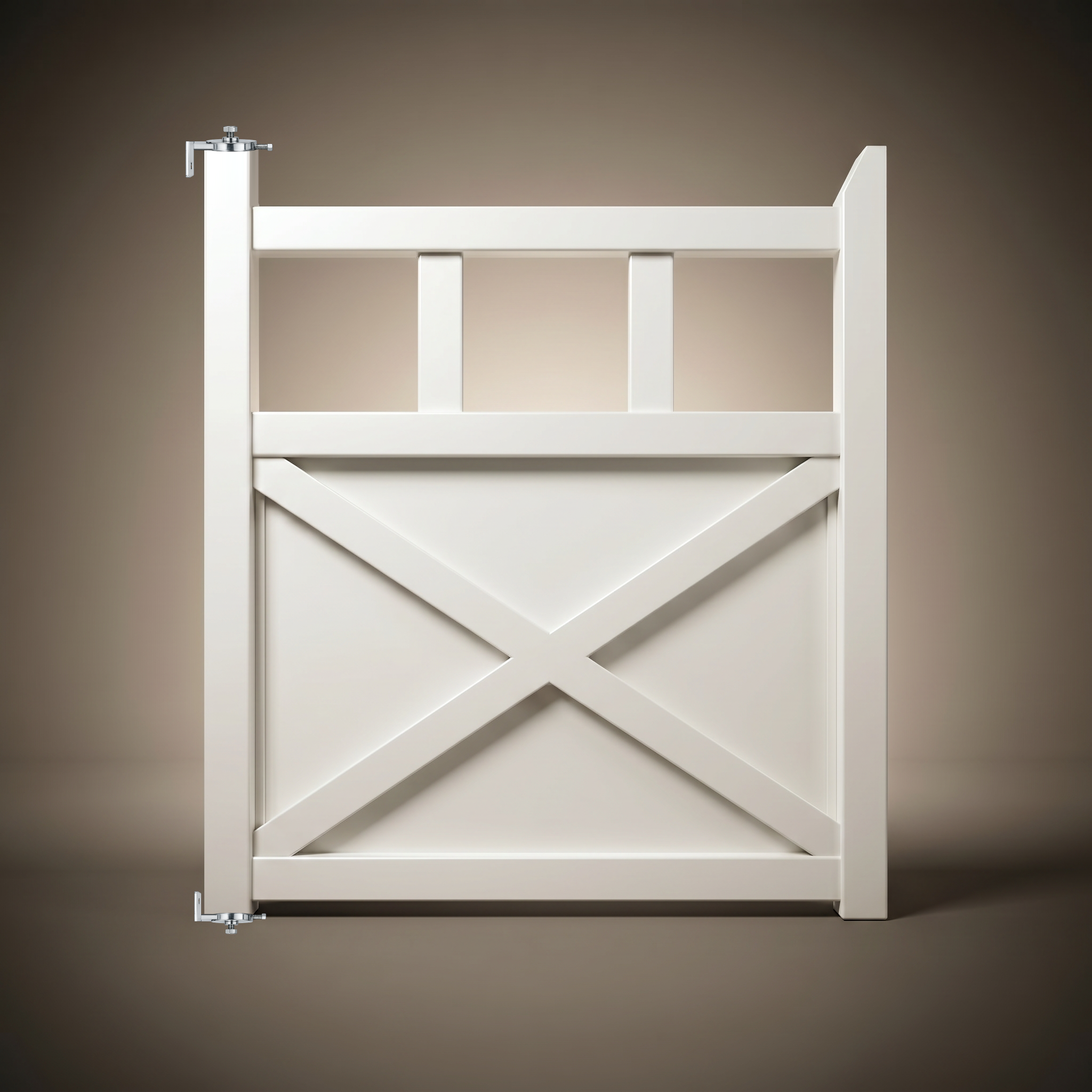Winslow single gate in Pearl White powder coated steel, front view — privacy infill panel with three-aperture top section and ball bearing hinges, custom made in Tamworth by Mason & Dean.