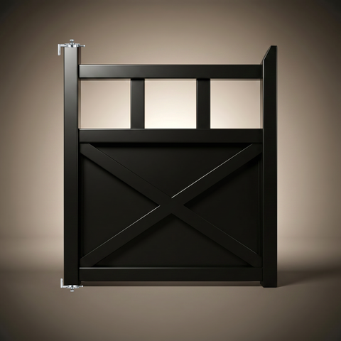 Winslow single gate in Satin Black powder coated steel, front view — privacy infill panel with three-aperture top section and ball bearing hinges, custom made in Tamworth by Mason & Dean.