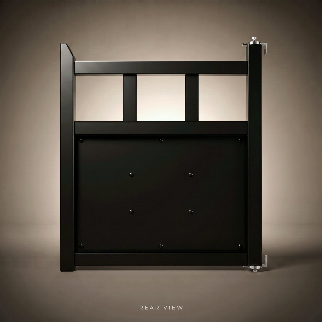 Rear view of the Winslow single gate in Satin Black powder coated steel, showing the recessed 2mm backing sheet, flush pop rivet fixings and fully coated internal face.